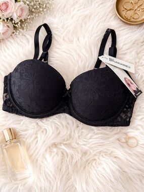 No Boundaries Black Lace Push-Up Bra with Floral Overlay